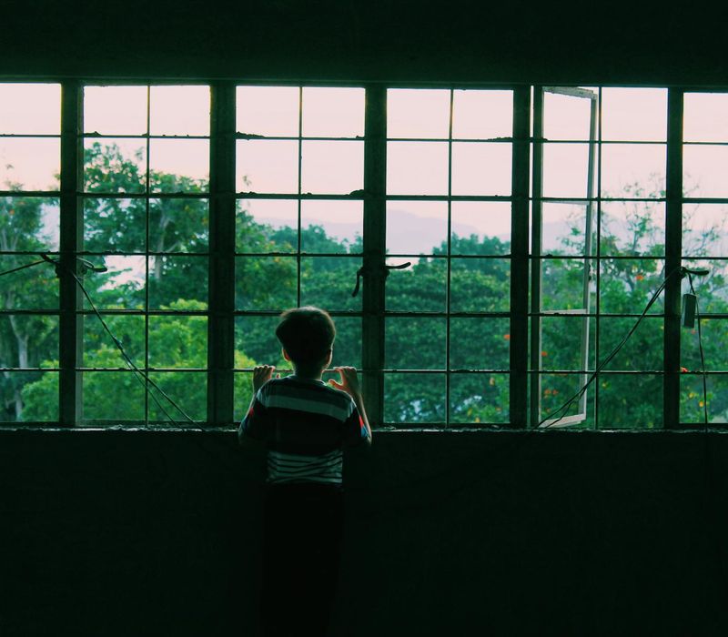 Person seen from behind, stretching arms towards a large window with a peaceful view.